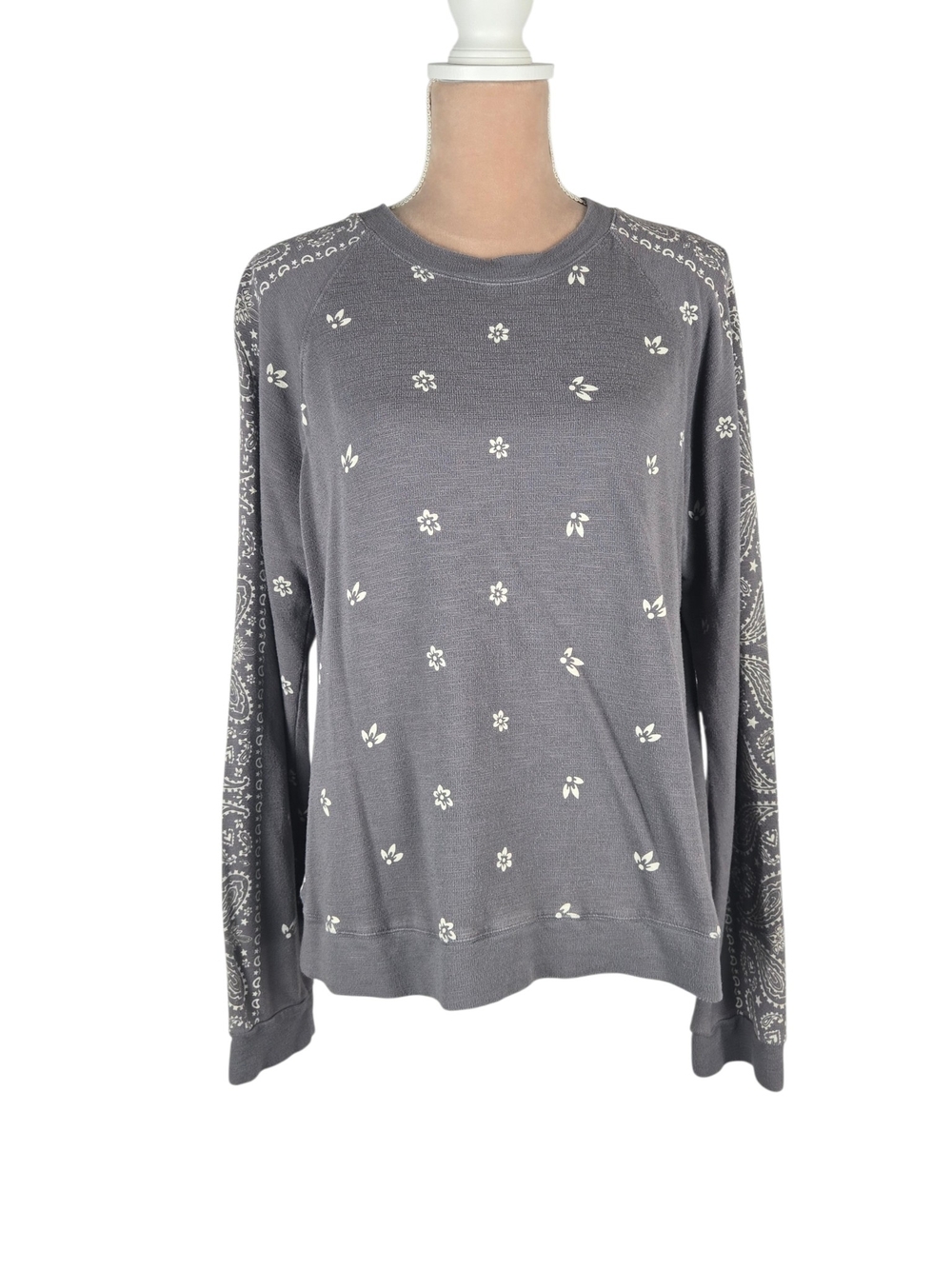 Monrow Crewneck Sweatshirt Bandana Paisley Floral Raglan French Terry Gray L